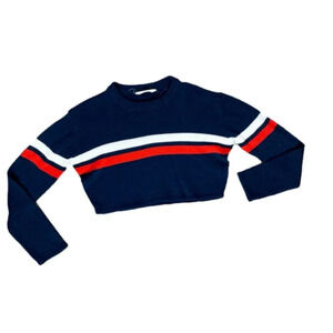Bluenotes Cropped Stripe Sweater knit pullover long sleeves navy Blue Medium